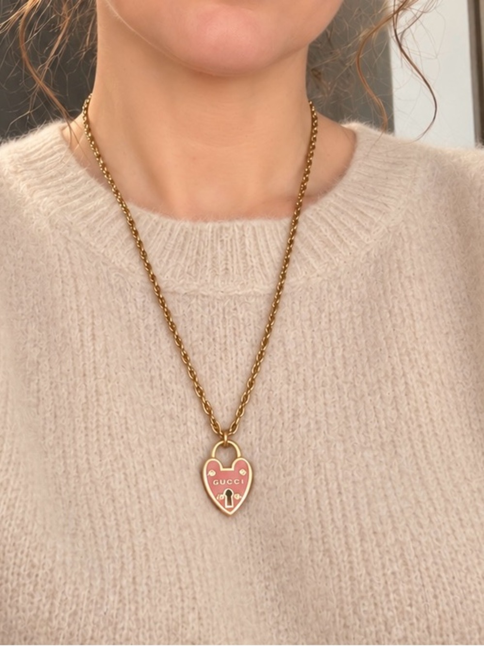 Gucci Pink Enamel Heart Padlock Pendant Necklace